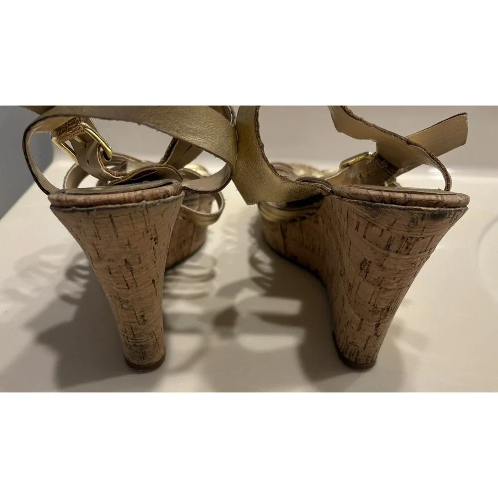 Audrey Brooke Carina Gold Leather Cork Wedge Sandals Women 9M Strappy 4” Heel